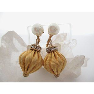 Vintage Gold Pearl Rondelle Rhinestone Dangle Drop Ribbed Screw Back Earrings